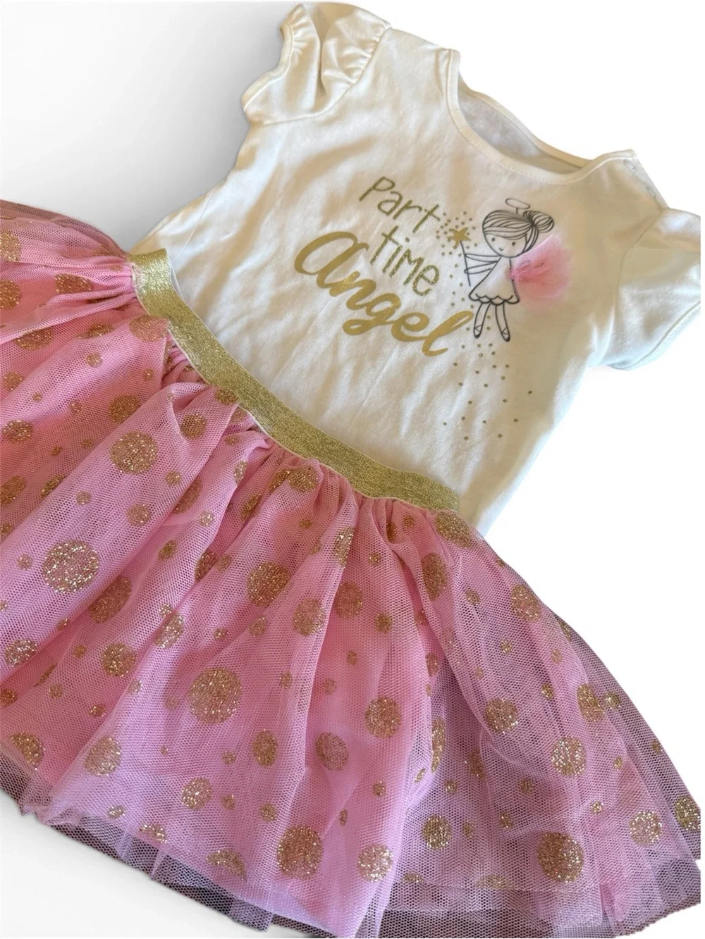 Baby Grand Signature 12 Months 2 Piece Pink Angel Gold Polka Dot Skirt Outfit